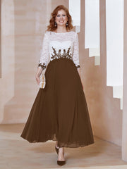 Robe en Mousseline avec Longueur de Mollet à Col Appliqué Brun