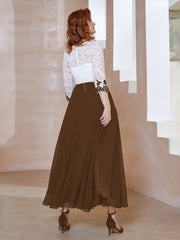 Robe en Mousseline avec Longueur de Mollet à Col Appliqué Brun