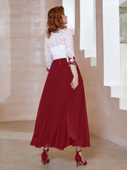 Robe en Mousseline avec Longueur de Mollet à Col Appliqué Bordeaux