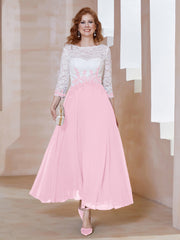 Robe en Mousseline avec Longueur de Mollet à Col Appliqué Rose Bonbon