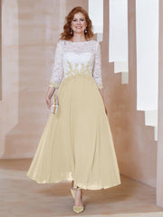 Robe en Mousseline avec Longueur de Mollet à Col Appliqué Champagne Grande Taille