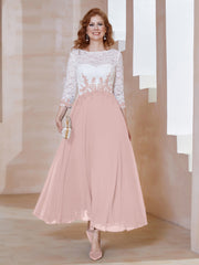 Robe en Mousseline avec Longueur de Mollet à Col Appliqué Rose Poudré Grande Taille