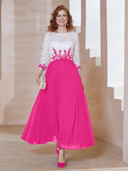 Robe en Mousseline avec Longueur de Mollet à Col Appliqué Fuchsia Grande Taille