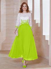 Robe en Mousseline avec Longueur de Mollet à Col Appliqué Vert Citron Grande Taille