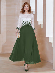 Robe en Mousseline avec Longueur de Mollet à Col Appliqué Olive Verte