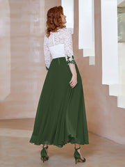 Robe en Mousseline avec Longueur de Mollet à Col Appliqué Olive Verte