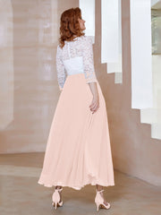 Robe en Mousseline avec Longueur de Mollet à Col Appliqué Rose Perle