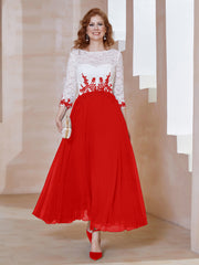 Robe en Mousseline avec Longueur de Mollet à Col Appliqué Rouge Grande Taille