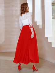 Robe en Mousseline avec Longueur de Mollet à Col Appliqué Rouge