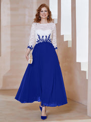 Robe en Mousseline avec Longueur de Mollet à Col Appliqué Bleu Royale