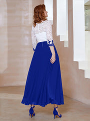 Robe en Mousseline avec Longueur de Mollet à Col Appliqué Bleu Royale