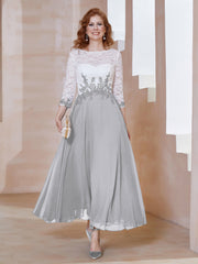 Robe en Mousseline avec Longueur de Mollet à Col Appliqué Argent
