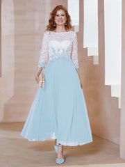 Robe en Mousseline avec Longueur de Mollet à Col Appliqué Bleu Ciel Grande Taille