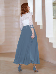 Robe en Mousseline avec Longueur de Mollet à Col Appliqué Bleu de Schiste Grande Taille