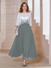 Robe en Mousseline avec Longueur de Mollet à Col Appliqué Gris Acier Grande Taille