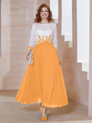 Robe en Mousseline avec Longueur de Mollet à Col Appliqué Mandarine