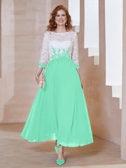 Robe en Mousseline avec Longueur de Mollet à Col Appliqué Turquoise