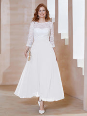 Robe en Mousseline avec Longueur de Mollet à Col Appliqué Blanc