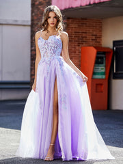 Robe de Soirée Appliqué de A-ligne à Bretelles Spaghetti en Tulle Lilas Grande Taille