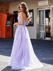 Robe de Soirée Appliqué de A-ligne à Bretelles Spaghetti en Tulle Lilas