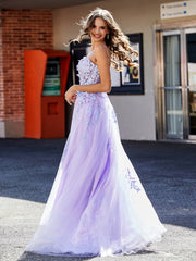 Robe de Soirée Appliqué de A-ligne à Bretelles Spaghetti en Tulle Lilas Grande Taille