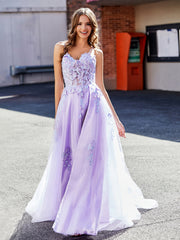 Robe de Soirée Appliqué de A-ligne à Bretelles Spaghetti en Tulle Lilas Grande Taille