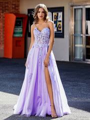 Robe de Soirée Appliqué de A-ligne à Bretelles Spaghetti en Tulle Lilas Grande Taille