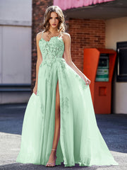 Robe de Soirée Appliqué de A-ligne à Bretelles Spaghetti en Tulle Vert Menthe