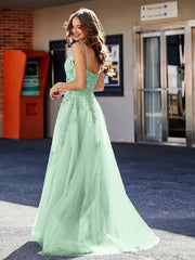 Robe de Soirée Appliqué de A-ligne à Bretelles Spaghetti en Tulle Vert Menthe