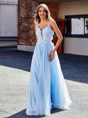 Robe de Soirée en Tulle Appliquée Florale à Col en V Bleu Ciel Grande Taille