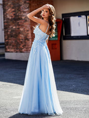 Robe de Soirée en Tulle Appliquée Florale à Col en V Bleu Ciel Grande Taille