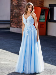 Robe de Soirée en Tulle Appliquée Florale à Col en V Bleu Ciel Grande Taille