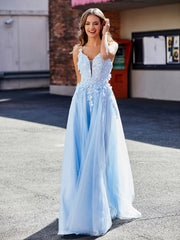 Robe de Soirée en Tulle Appliquée Florale à Col en V Bleu Ciel Grande Taille