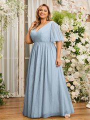 A-ligne Col en V Robes Maxi en Tulle avec Dos en V Profond Bleu Poudré Grande Taille