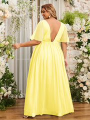 A-ligne Col en V Robes Maxi en Tulle avec Dos en V Profond Citron Grande Taille