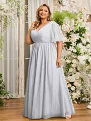 A-ligne Col en V Robes Maxi en Tulle avec Dos en V Profond Argent Grande Taille