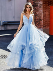 Robe de Soirée Princesse Asymétrique en Tulle à Col en V Lilas Grande Taille