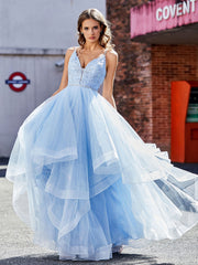 Robe de Soirée Princesse Asymétrique en Tulle à Col en V Lilas Grande Taille