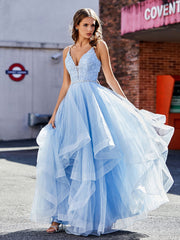 Robe de Soirée Princesse Asymétrique en Tulle à Col en V Lilas Grande Taille