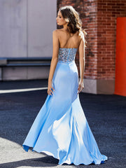 Robe de Soirée Plissé en Satin à Col en Cœur avec Traîne Balayage Bleu Ciel