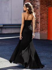 Robe de Soirée Plissé en Satin à Col en Cœur avec Traîne Balayage Noir Grande Taille