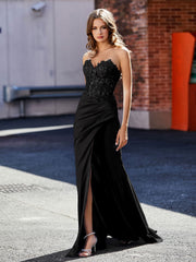 Robe de Soirée Plissé en Satin à Col en Cœur avec Traîne Balayage Noir Grande Taille