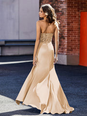 Robe de Soirée Plissé en Satin à Col en Cœur avec Traîne Balayage Champagne Grande Taille