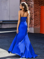 Robe de Soirée Plissé en Satin à Col en Cœur avec Traîne Balayage Bleu Royale Grande Taille