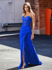 Robe de Soirée Plissé en Satin à Col en Cœur avec Traîne Balayage Bleu Royale Grande Taille