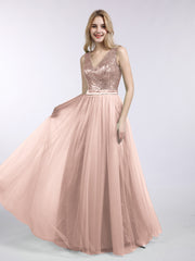 Paillettes et Tulle Robe Longue avec Col en V Or Métallique
