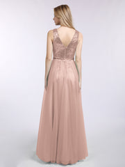 Paillettes et Tulle Robe Longue avec Col en V Or Métallique Grande Taille