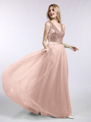 Paillettes et Tulle Robe Longue avec Col en V Or Métallique