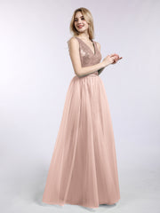 Paillettes et Tulle Robe Longue avec Col en V Or Métallique