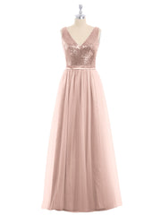 Paillettes et Tulle Robe Longue avec Col en V Or Métallique